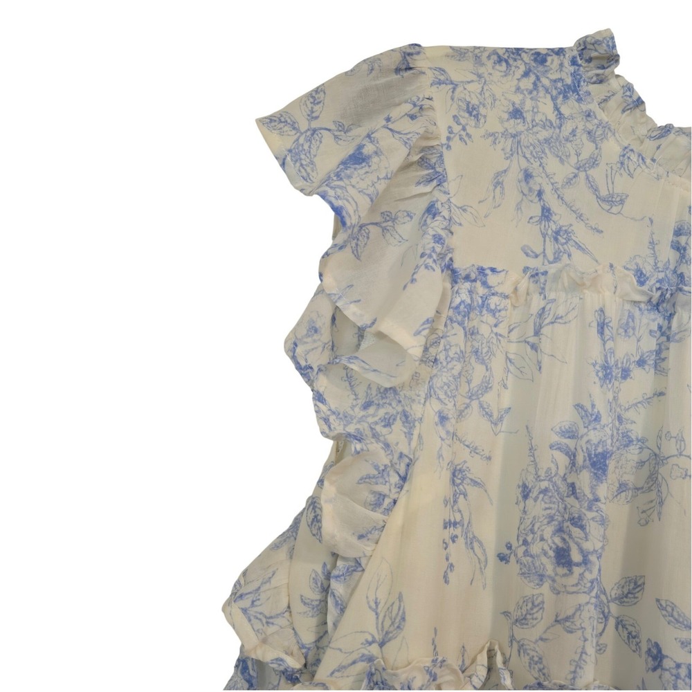Talmlah Blue Toile Floral Tiered Ruffle Midi Dress L Cottagecore - Picture 7 of 10